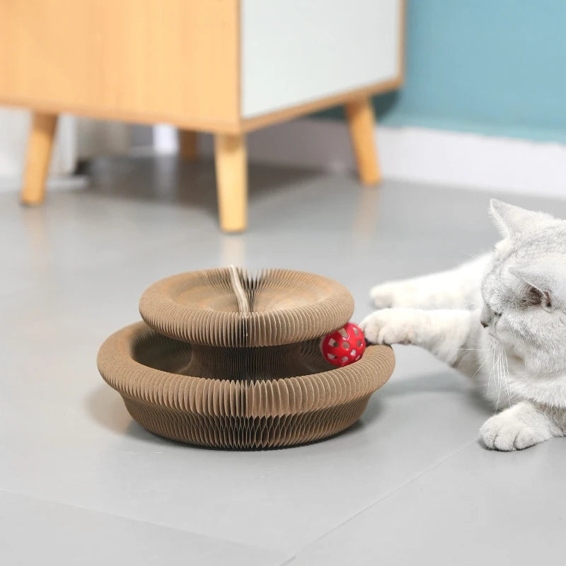 Cat Scratching Board with Ball Track - Round Corrugated Cardboard Scratcher & Interactive Toy