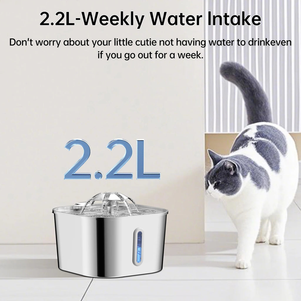 2.2L Stainless Steel Automatic Cat Fountain - Silent Water Dispenser with Visual Window