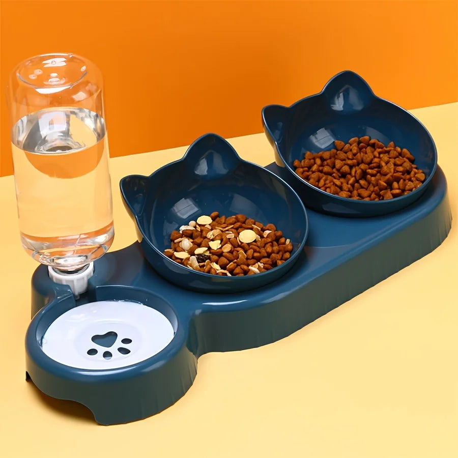 3-in-1 Elevated Cat Bowl Set - Tilted Food & Water Dishes with Gravity Feeder