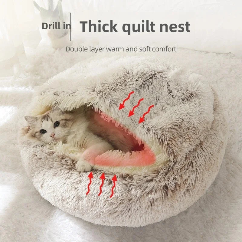 Semi-Enclosed Cat Bed - Warm Plush Winter Sleeping Cave