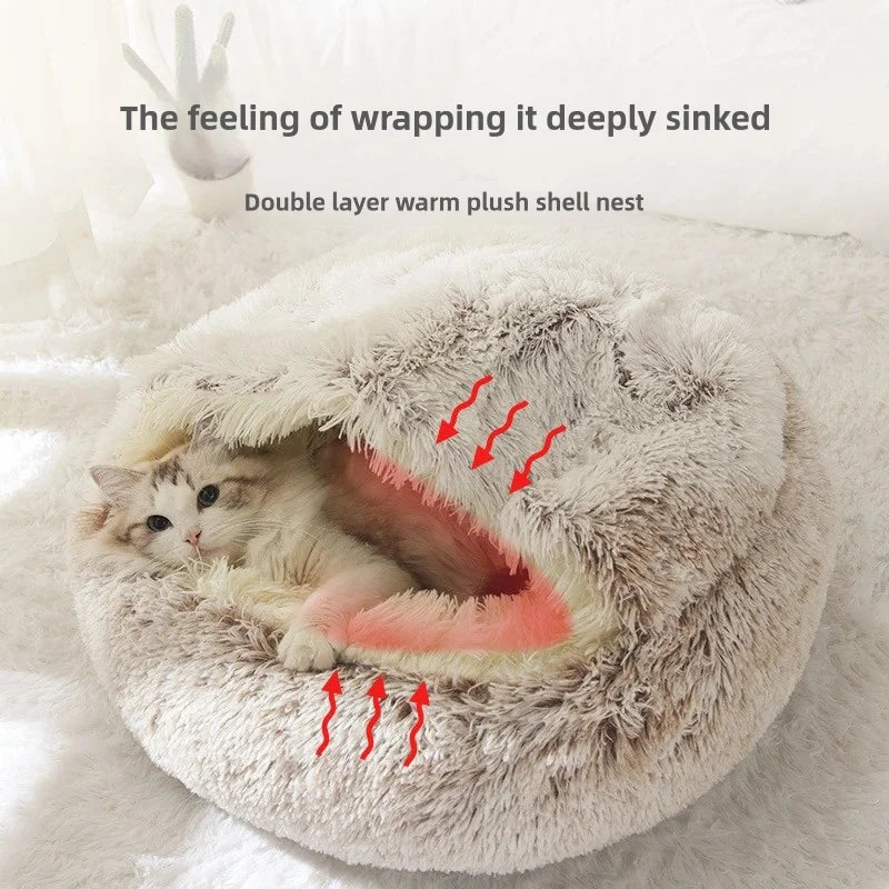 Semi-Enclosed Cat Bed - Warm Plush Winter Sleeping Cave