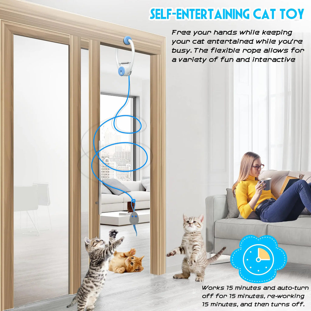 Door-Hanging Auto-Rebound Cat Toy - Retractable Teaser with 3 Catnip Mice for Indoor Cats
