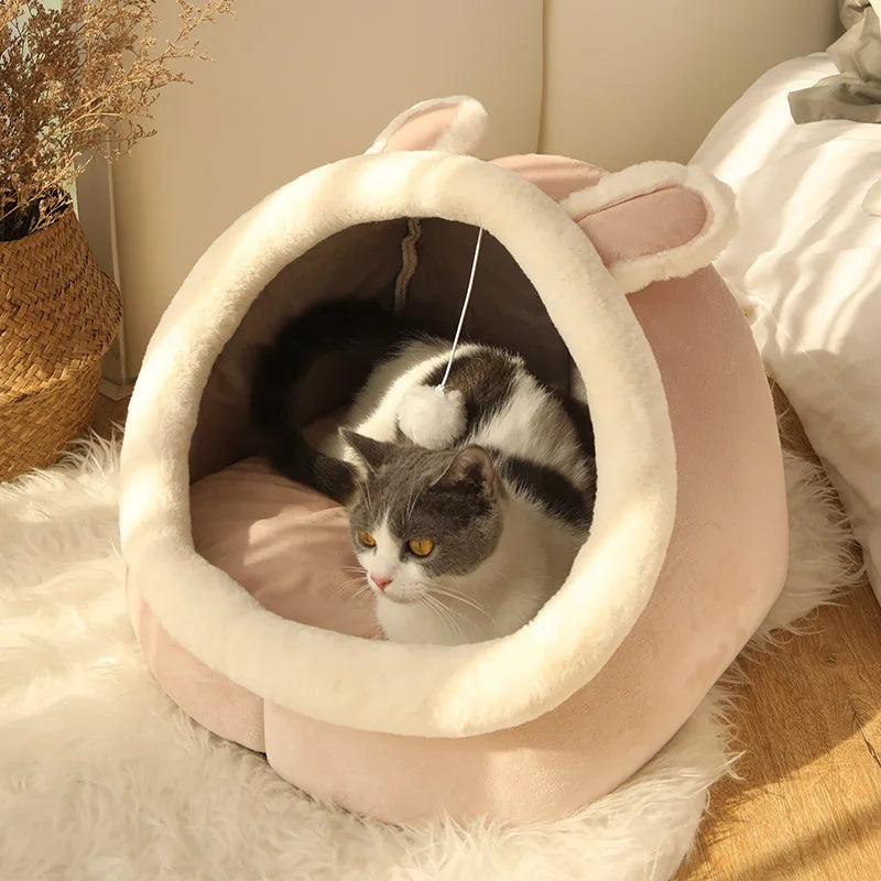 Cat Cave Bed with Cute Ears - Foldable & Washable
