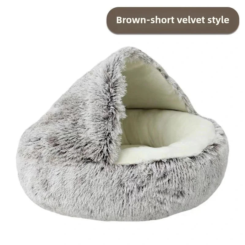 Semi-Enclosed Cat Bed - Warm Plush Winter Sleeping Cave