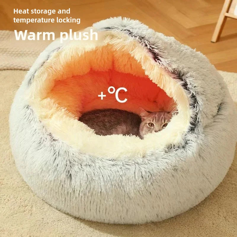 Semi-Enclosed Cat Bed - Warm Plush Winter Sleeping Cave