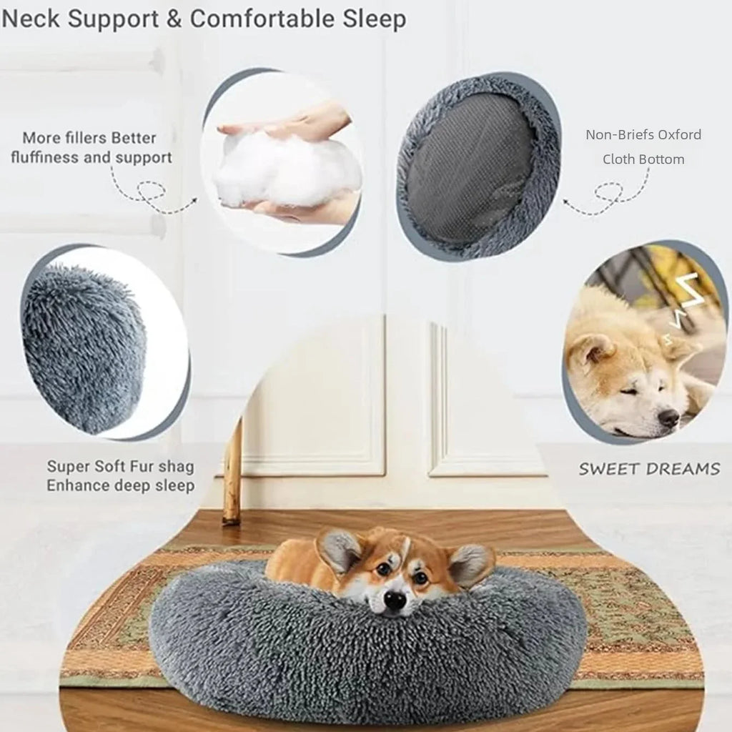 Round Plush Pet Bed - 90cm Anti-Anxiety Donut Bed for Large Dogs & Cats