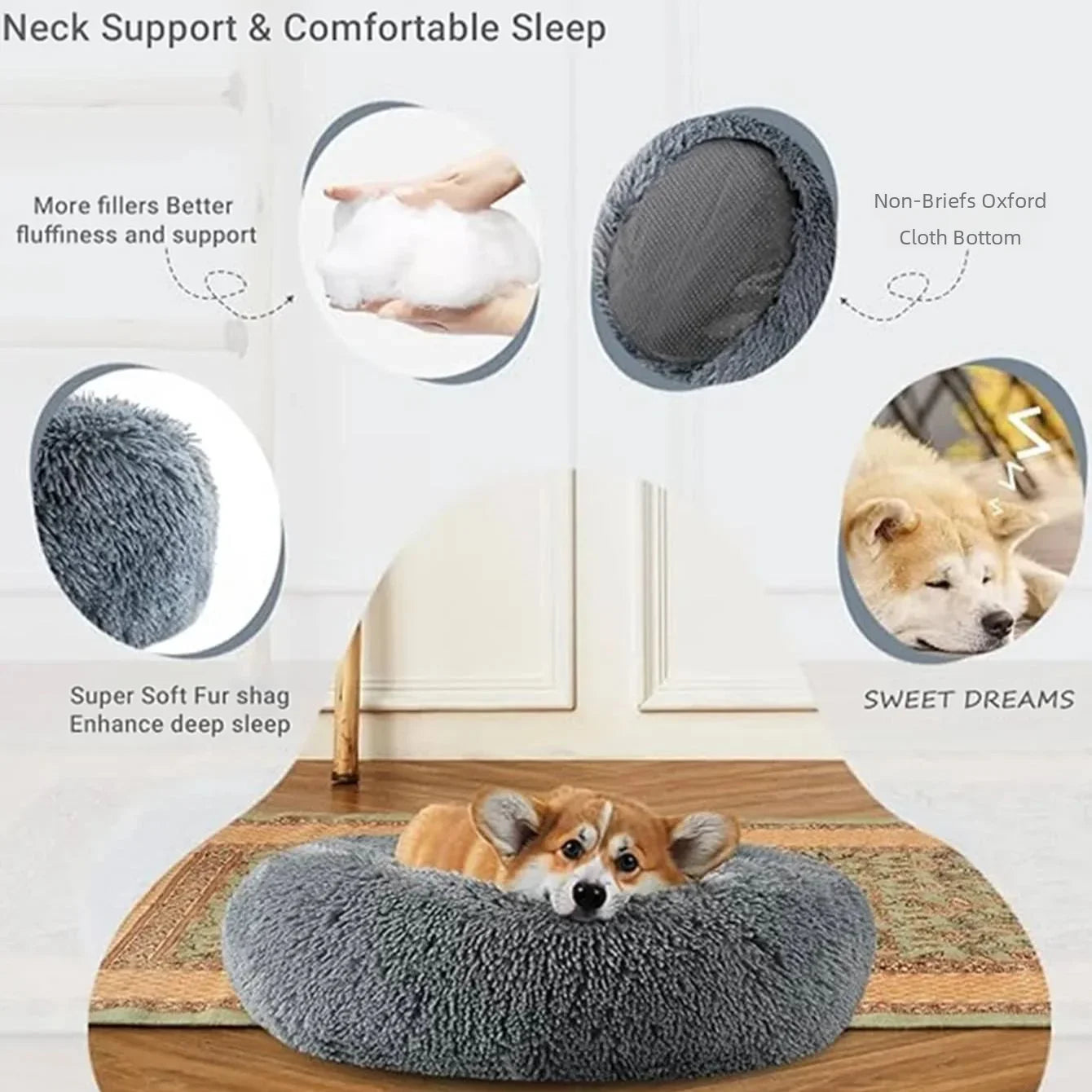 Round Plush Pet Bed - 90cm Anti-Anxiety Donut Bed for Large Dogs & Cats
