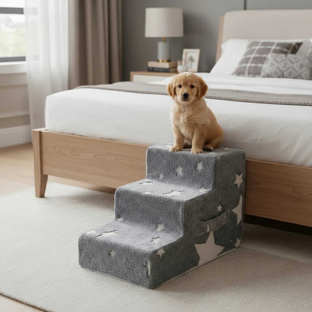 Pet Stairs for Dogs & Cats - 3/4 Step Ramp with Detachable Washable Cover