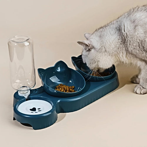 3-in-1 Elevated Cat Bowl Set - Tilted Food & Water Dishes with Gravity Feeder