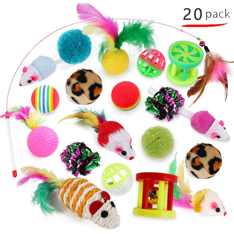 Cat Toy Variety Set - 20-Piece Interactive Play Kit with Feather Wand, Sisal Mice, Bell Balls & More