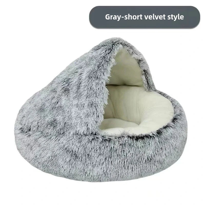 Semi-Enclosed Cat Bed - Warm Plush Winter Sleeping Cave