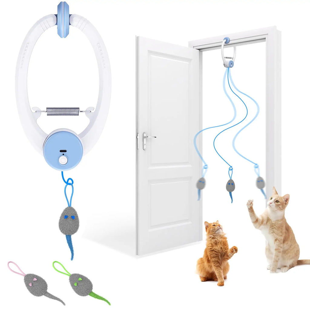 Door-Hanging Auto-Rebound Cat Toy - Retractable Teaser with 3 Catnip Mice for Indoor Cats