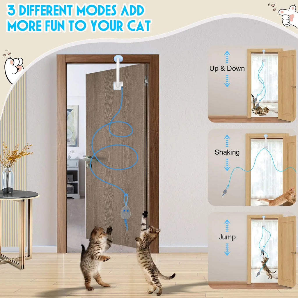 Door-Hanging Auto-Rebound Cat Toy - Retractable Teaser with 3 Catnip Mice for Indoor Cats