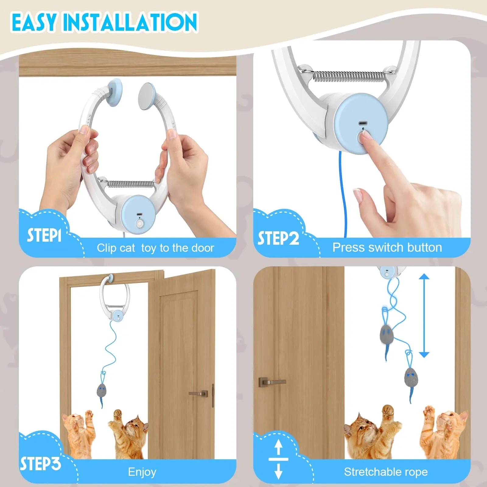 Door-Hanging Auto-Rebound Cat Toy - Retractable Teaser with 3 Catnip Mice for Indoor Cats