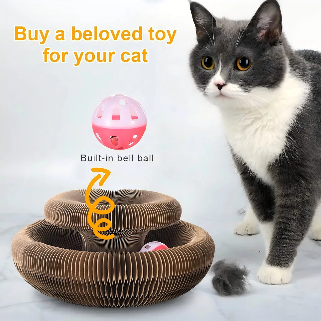 Cat Scratching Board with Ball Track - Round Corrugated Cardboard Scratcher & Interactive Toy