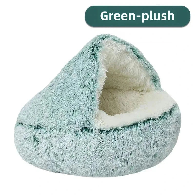 Semi-Enclosed Cat Bed - Warm Plush Winter Sleeping Cave