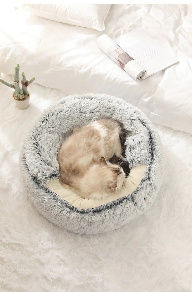 Semi-Enclosed Cat Bed - Warm Plush Winter Sleeping Cave