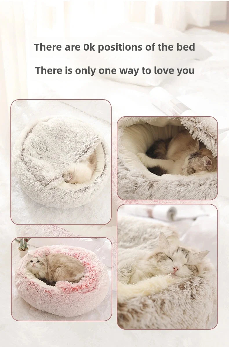 Semi-Enclosed Cat Bed - Warm Plush Winter Sleeping Cave