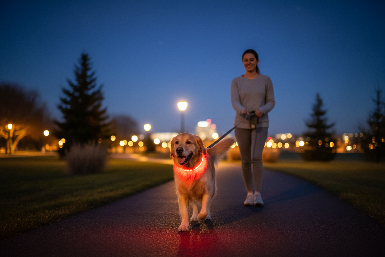 Chien en promenade avec collier LED