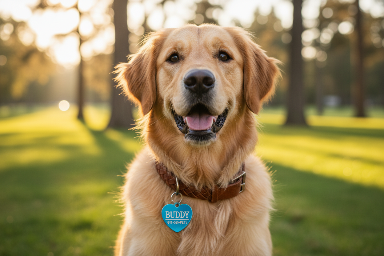 Chien heureux avec médaille d'identification